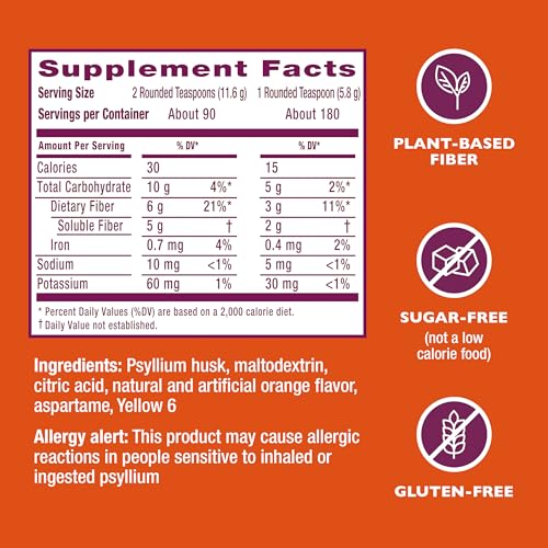 Metamucil 4-in-1 Psyllium Husk Friendly Fiber Supplement, Sugar-Free, 180 teaspoons, Orange Flavored, Daily Fiber Powder for Digestive Health