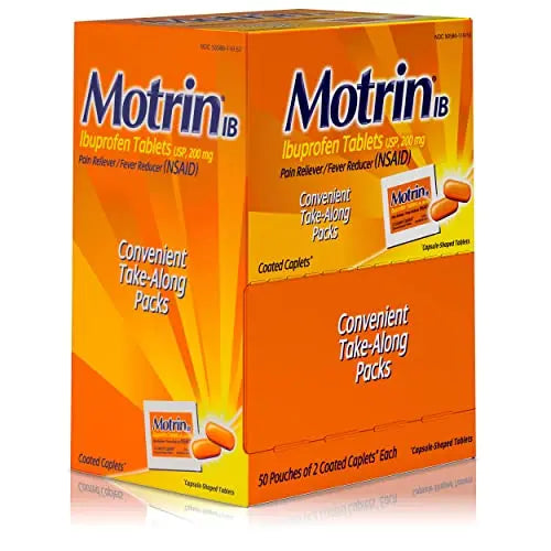 Motrin IB, Ibuprofen 200mg Tablets, NSAID Pain & Fever Reliever for Headache, Backache, Muscular Aches, Arthritis Pain Reliever, 50 Travel Packets of 2, 100 ct MotrinBuy Supplements Australia