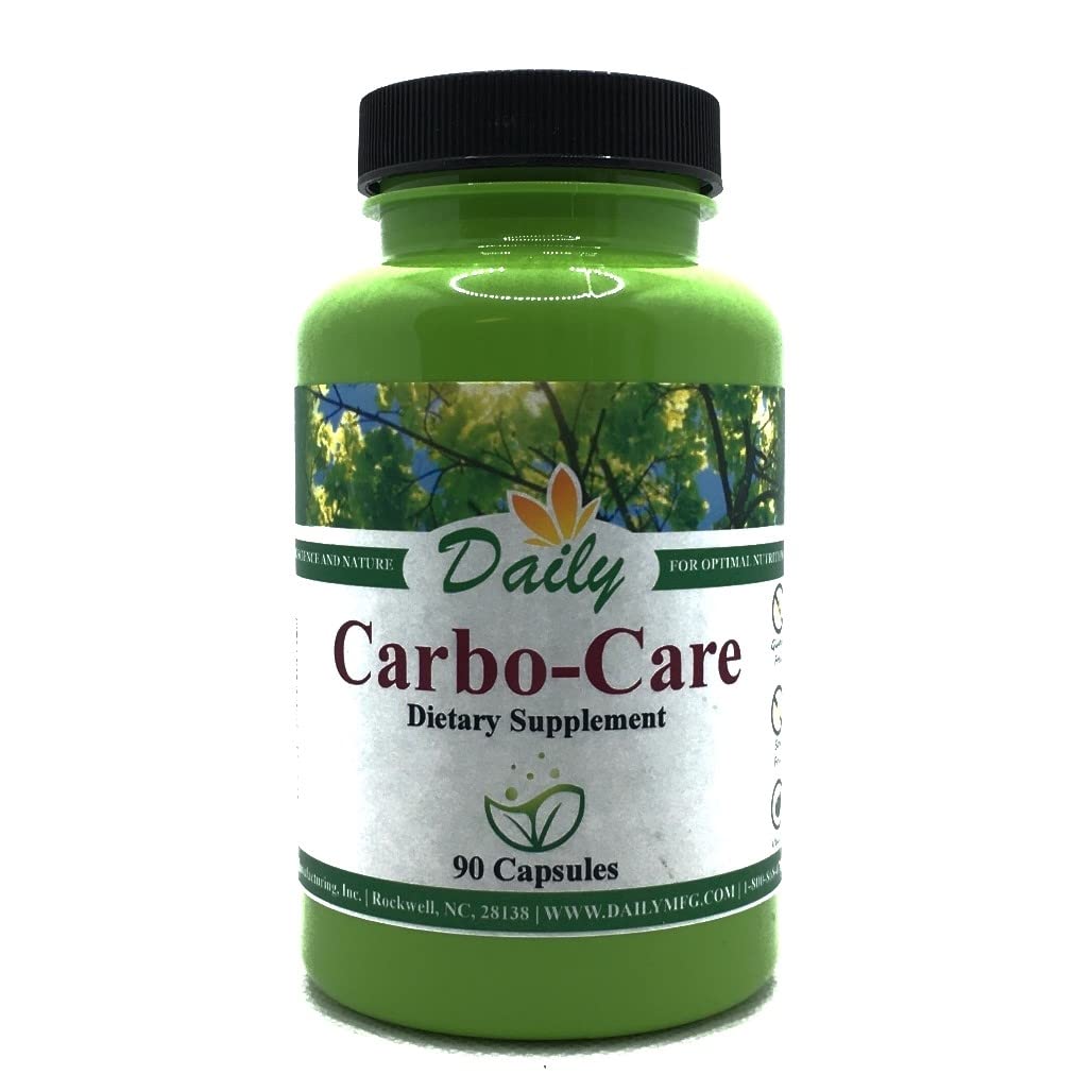 Green supplement bottle labeled 'Daily Carbo-Care' on a white background