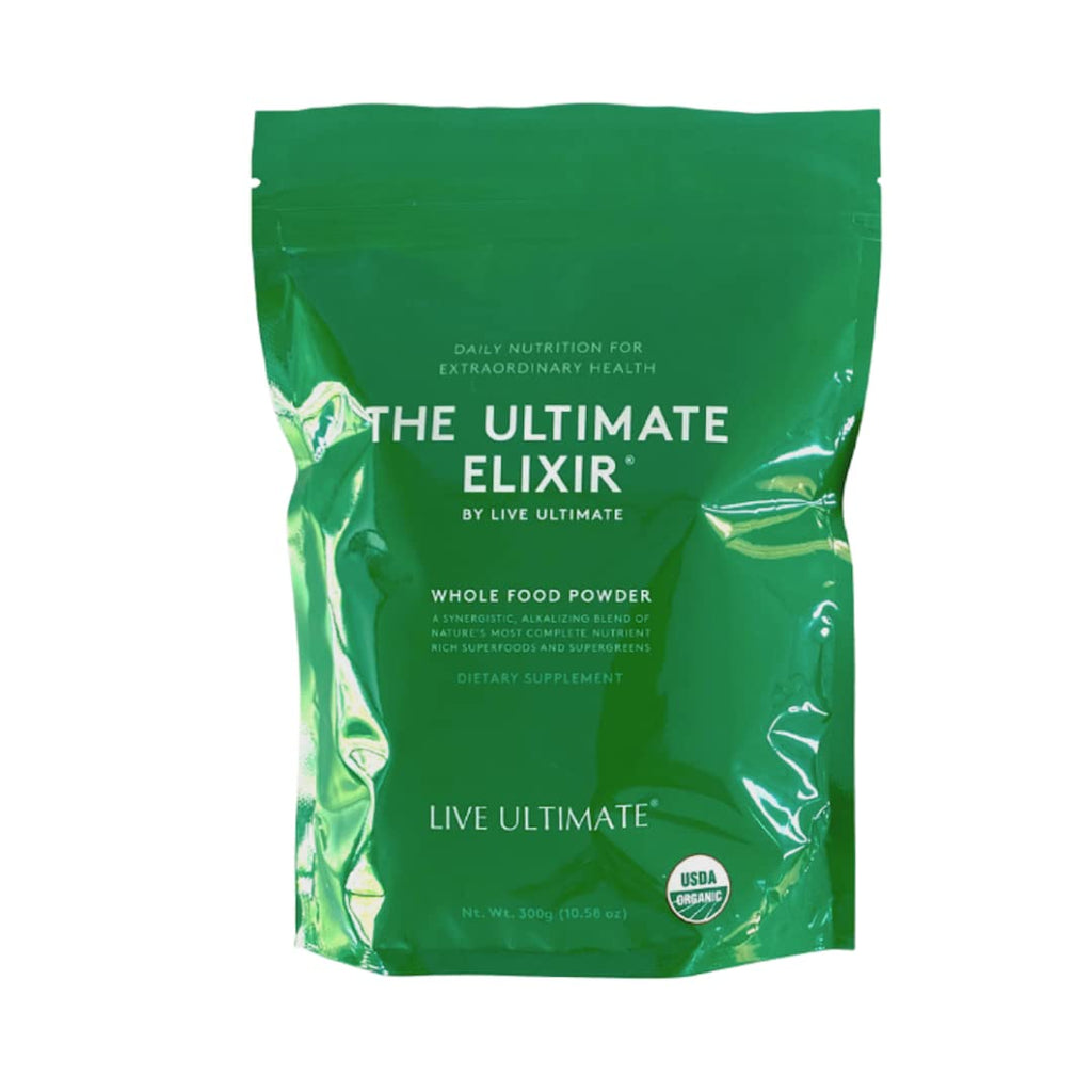 Green package of 'The Ultimate Elixir' by Live Ultimate on a white background