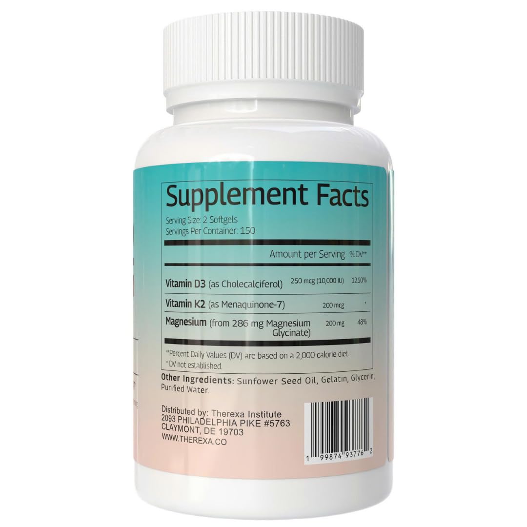 THEREXA Vitamin D3 K2 Magnesium Supplement - Extra Strength with 10000 IU Vitamin D3, Magnesium Glycinate and 200 mcg K2 MK-7 Vitamin Supplements Complex, for Women & Men - 300 Softgels THEREXA buy supplements Au