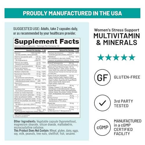 NatureWise Multivitamin for Women + Stress Support with Organic Whole Foods & Natural Minerals - B-Complex + Vitamin C + D3 K2 for Immunity, Hair, Skin & Nails - Non-GMO - 60 Capsules[30-Day Supply] NatureWise buy supplements Au