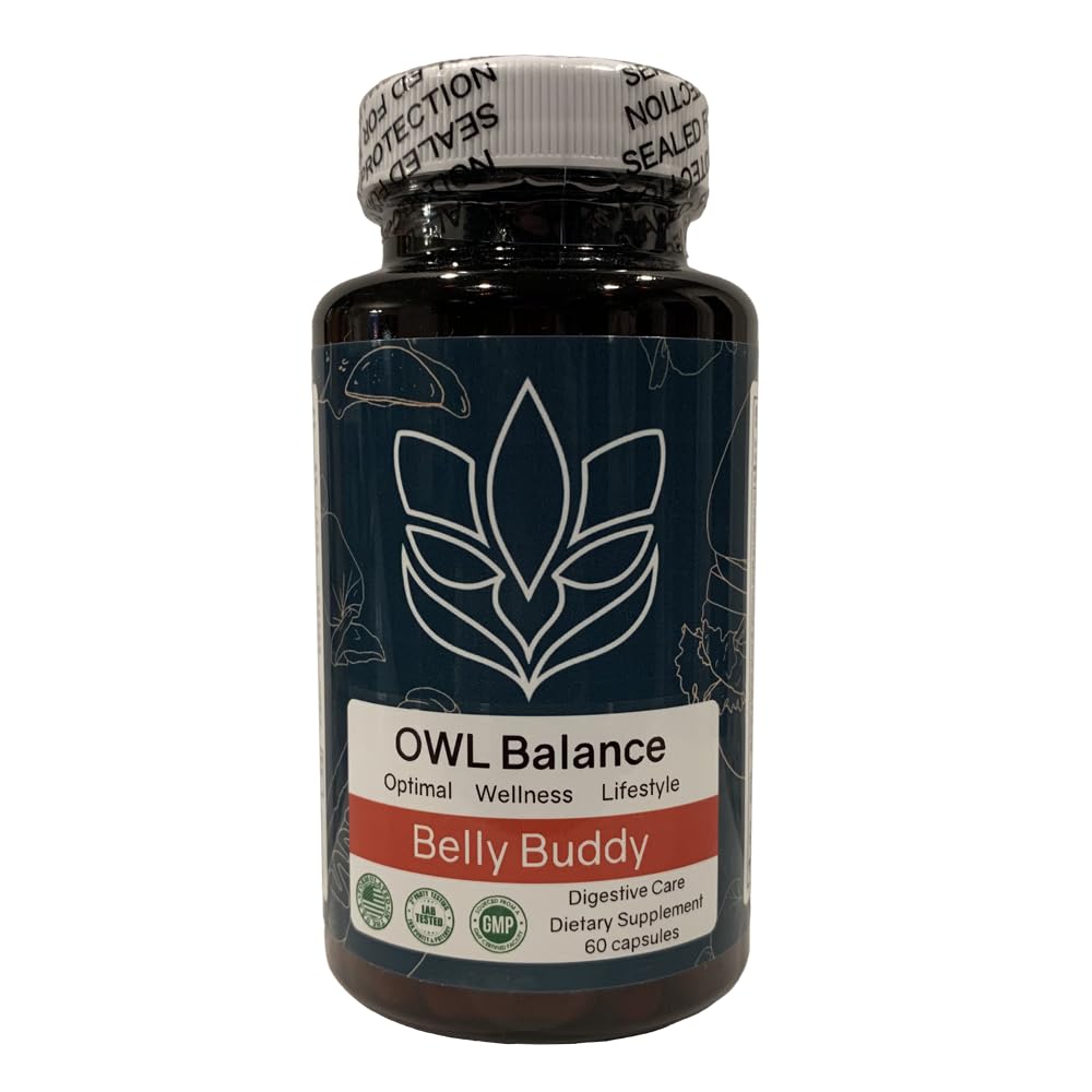 Bottle of OWL Balance Belly Buddy supplement on a white background