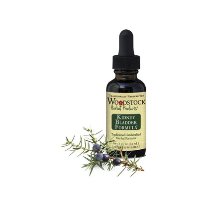 Bottle of Woodstock Herbal Products Kidney Bladder Formula with a dropper on a white background.