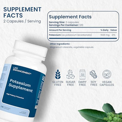 Life Enhancement High Potency 1020 mg Potassium Supplement for Muscle, Brain & Bone Health - No Additives High Absorption Elemental Potassium Supplement