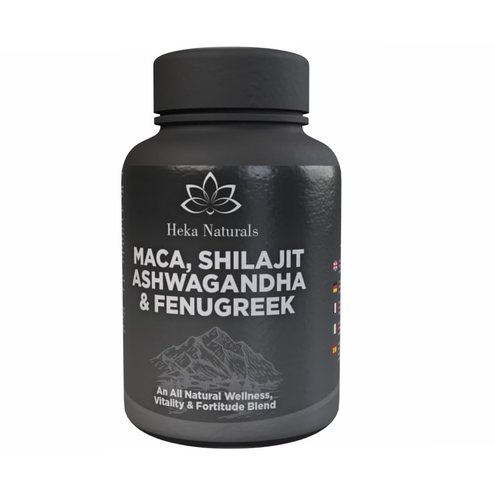 Black supplement bottle labeled 'Maca, Shilajit, Ashwagandha & Fenugreek' by Heka Naturals on a white background.