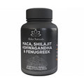 Black supplement bottle labeled 'Maca, Shilajit, Ashwagandha & Fenugreek' by Heka Naturals on a white background.