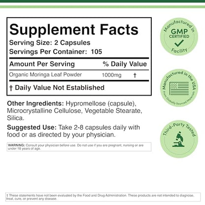 DWS Organic Moringa Capsules 1000mg - Pure Moringa Powder for Energy & Immune Support - Green Superfood Rich in Antioxidants