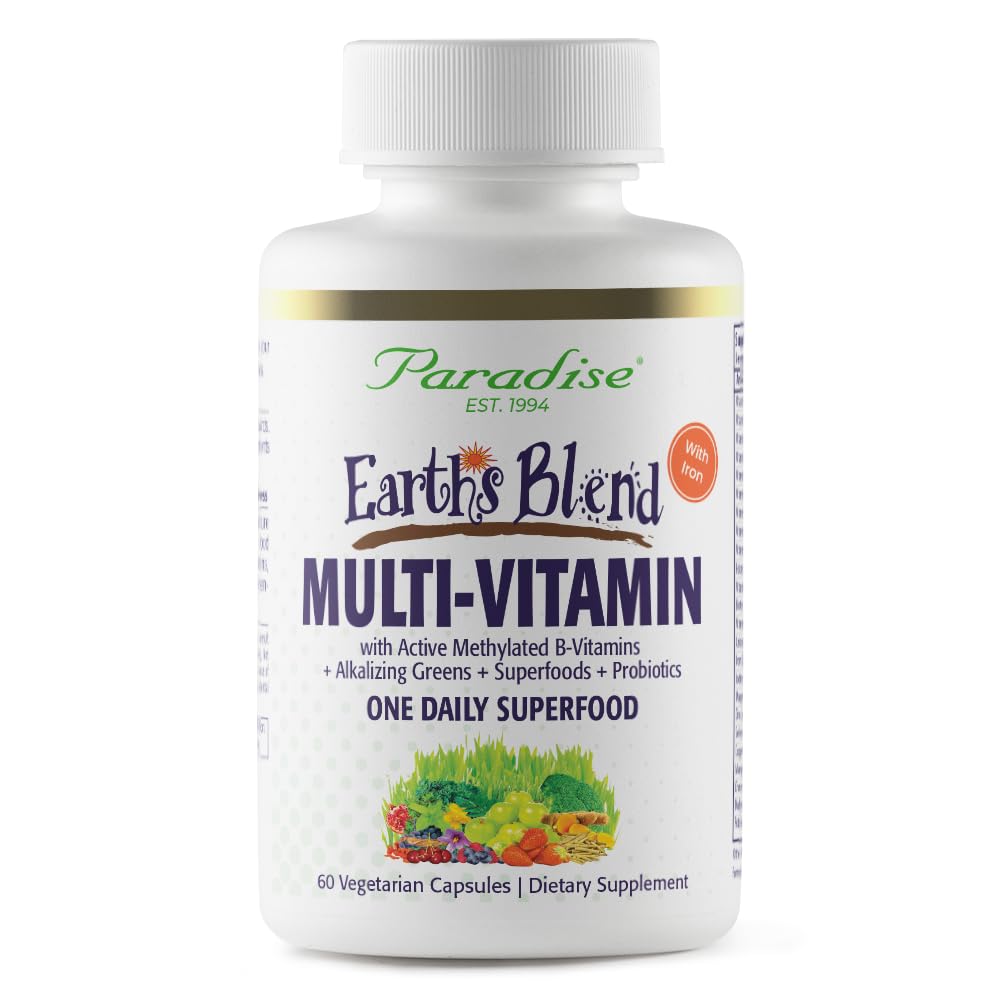 Paradise Herbs Earth's Blend Once Daily Multivitamin with Iron, 48 Organic Superfoods, Probiotics, Antioxidants, Vitamins A, B12, C, D, K2, 60 Capsules Paradise HerbsBuy Supplements Australia