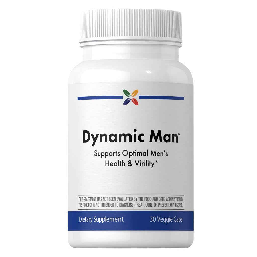 Supplement bottle labeled 'Dynamic Man' on a white background