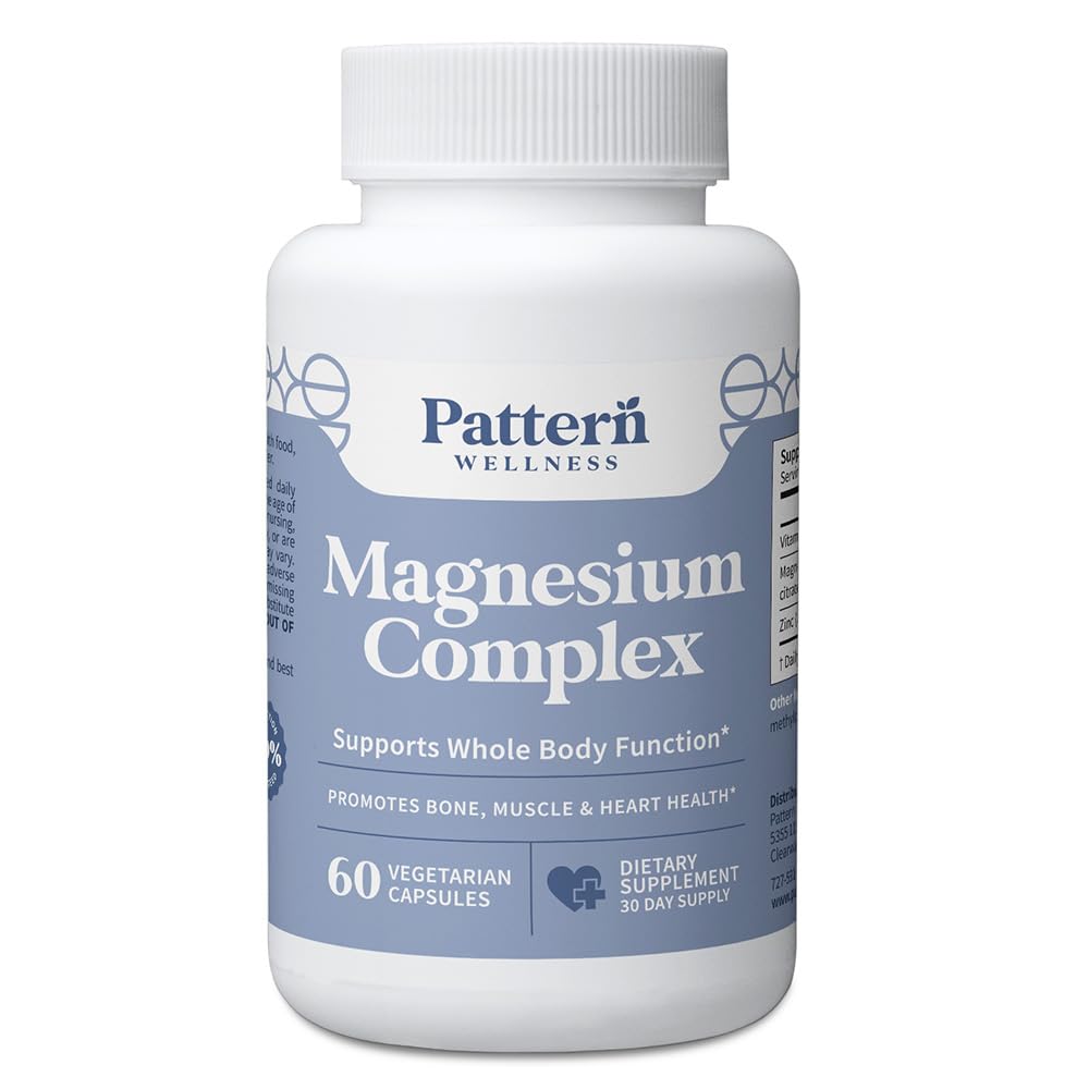 Supplement bottle labeled 'Magnesium Complex' by Pattern Wellness on a white background