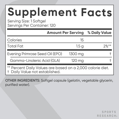 Sports Research Evening Primrose Supplement from Cold Pressed Oil - Softgels for Women’s Health & Skin Health - Gluten Free & Non-GMO GLA - High Potency 1300mg, 120 Count Sports Research buy supplements Au