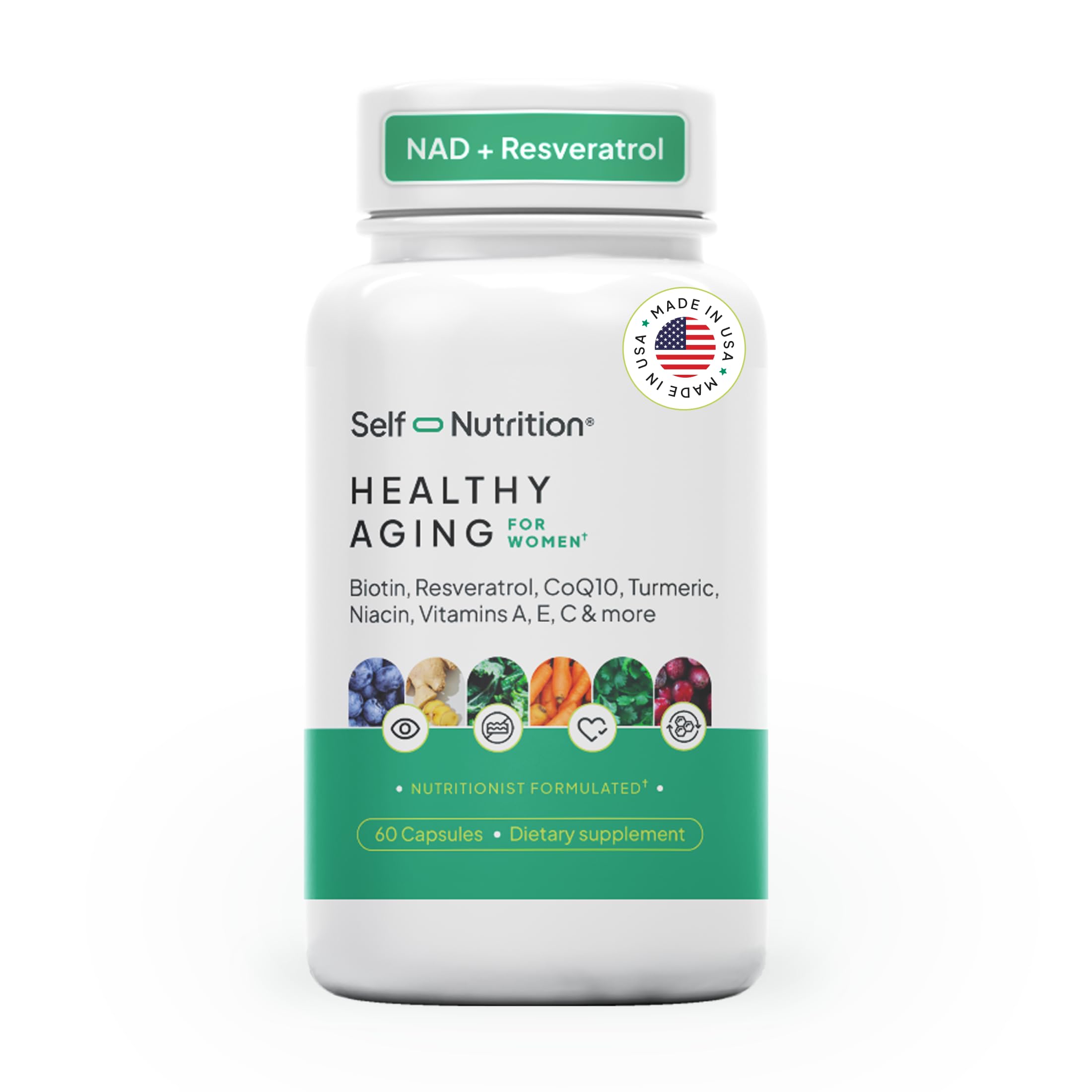 SELF NUTRITION NAD+ Resveratrol Supplement for Women – Healthy Aging Formula with CoQ10, Biotin, Turmeric & Vitamins A, C, E – Supports Energy, Skin & Longevity – 60 Capsules. Made in USA. SELF NUTRITIONBuy Supplements Australia