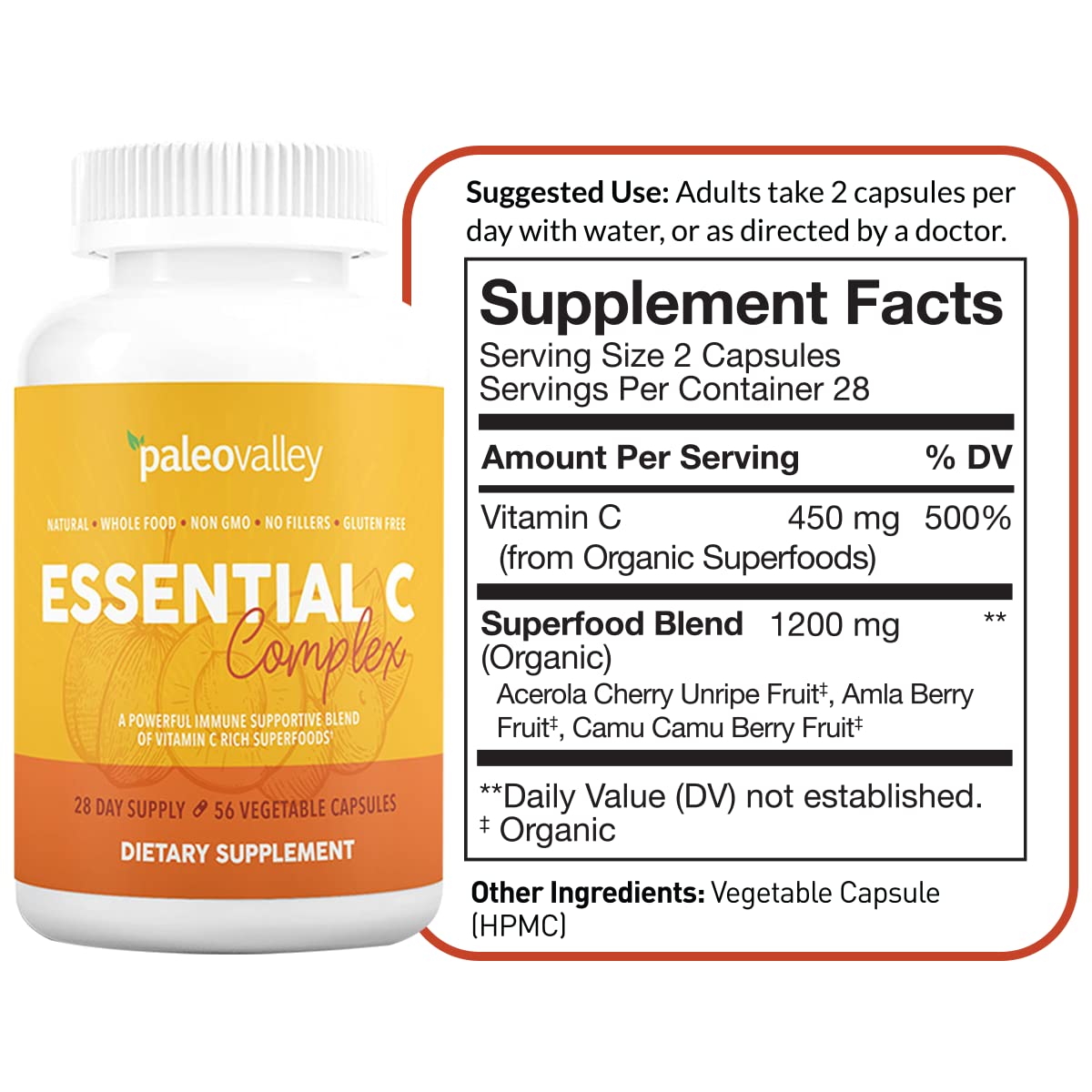 Paleovalley Essential C Complex - Vitamin C Supplement for Immune Support - 1 Pack, 450mg - Organic Superfoods Unripe Acerola Cherry, Camu Camu, Amla Berry