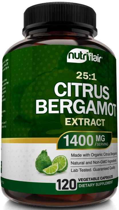 NutriFlair Organic Citrus Bergamot 1400mg, 120 Capsules - 25:1 Bergamia - Essential Oil and Citrus Bioflavonoids - Natural Heart Health Supplements