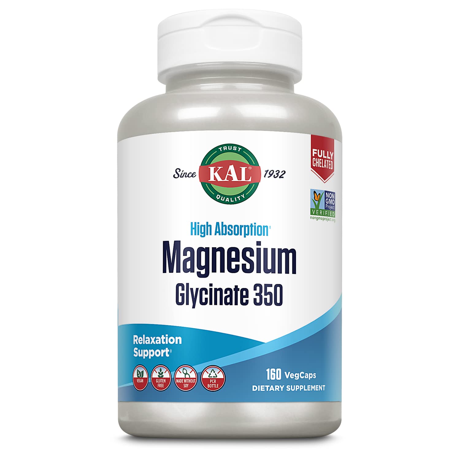 KAL Magnesium Glycinate Capsules, Fully Chelated Magnesium Bisglycinate, High Absorption Magnesium Supplement, Healthy Bones, Muscle, Relaxation and Stress Support, Non-GMO 160 count KALBuy Supplements Australia