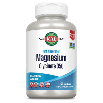 KAL Magnesium Glycinate Capsules, Fully Chelated Magnesium Bisglycinate, High Absorption Magnesium Supplement, Healthy Bones, Muscle, Relaxation and Stress Support, Non-GMO 160 count KALBuy Supplements Australia