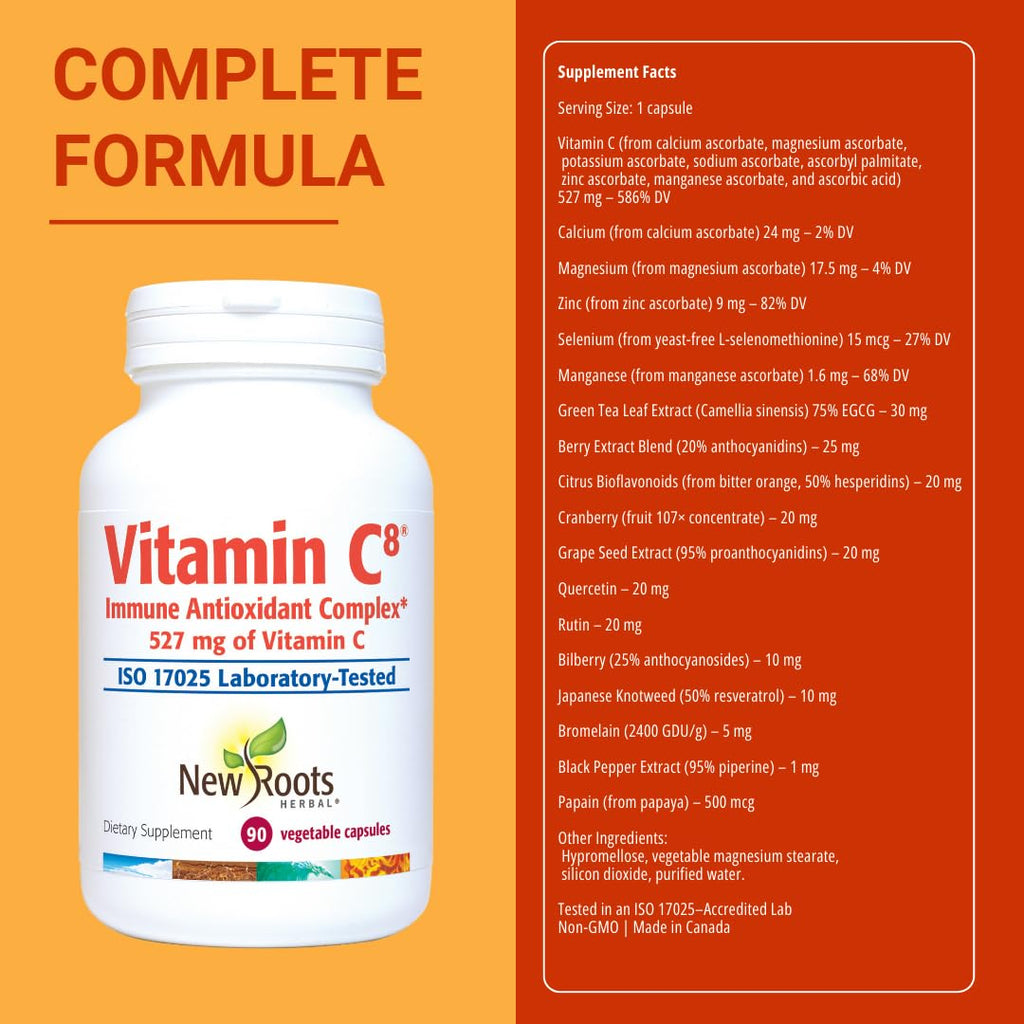 Vitamin C8 + Zinc Supplement for Higest Absorption (90 Capsules) | 527mg per Portion | 8 Buffered Sources of Vitamin C with Bioflavonoids, Green Tea & Quercetin for Stronger Defense | 3 months Supply NEW ROOTS HERBALBuy Supplements Australia