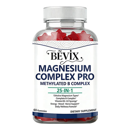Bottle of Bévix Magnesium Complex Pro gummy supplement on a white background