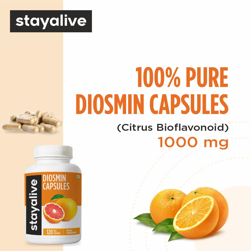 STAY ALIVE Pure Diosmin Complex 1000mg Formula, 120 Capsules, Citrus Bioflavonoids Rich Fruit Extract, 2 Month Supply, 100% Vegetarian, Non-GMO & Gluten Free Diosmin Supplement STAY ALIVE buy supplements Au