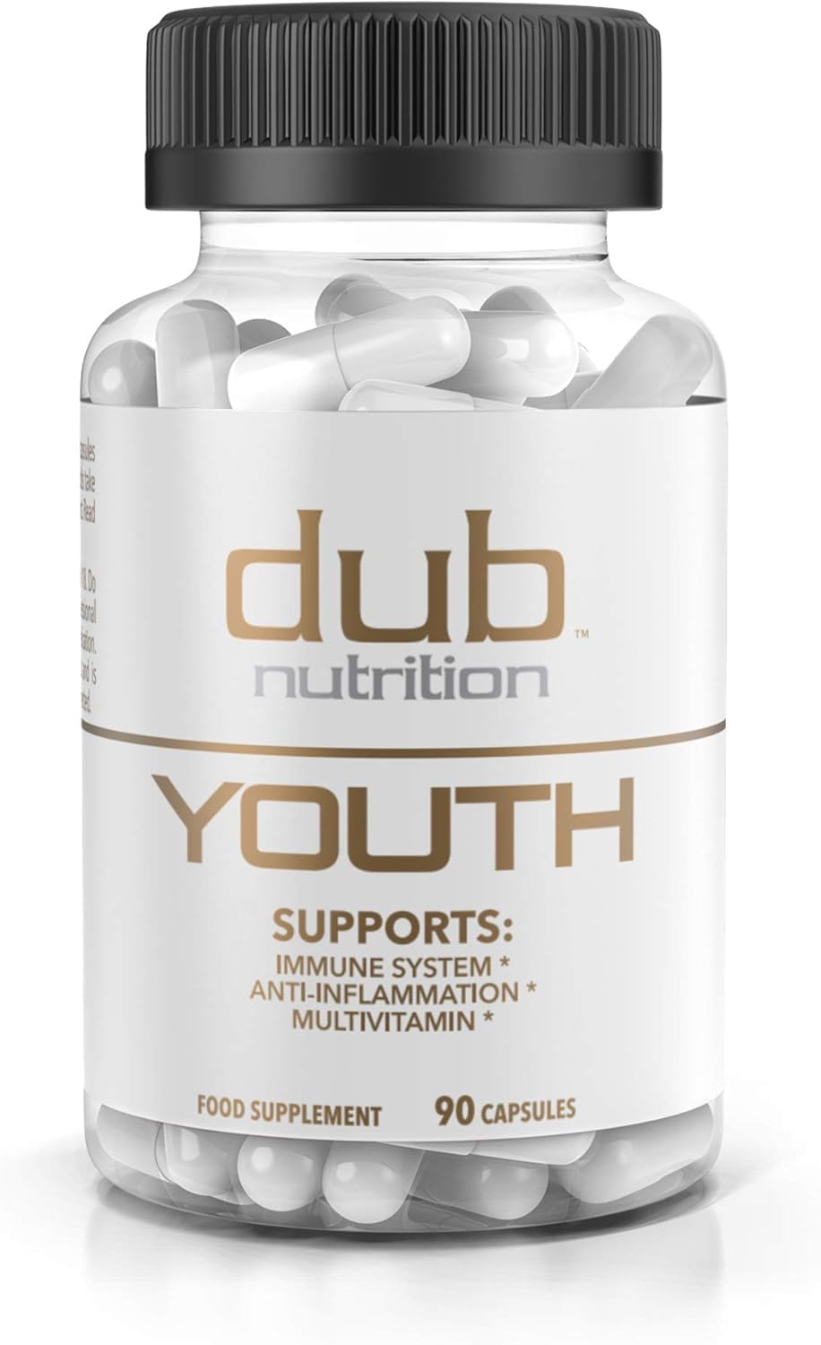 Bottle of dub nutrition youth supplements on a white background