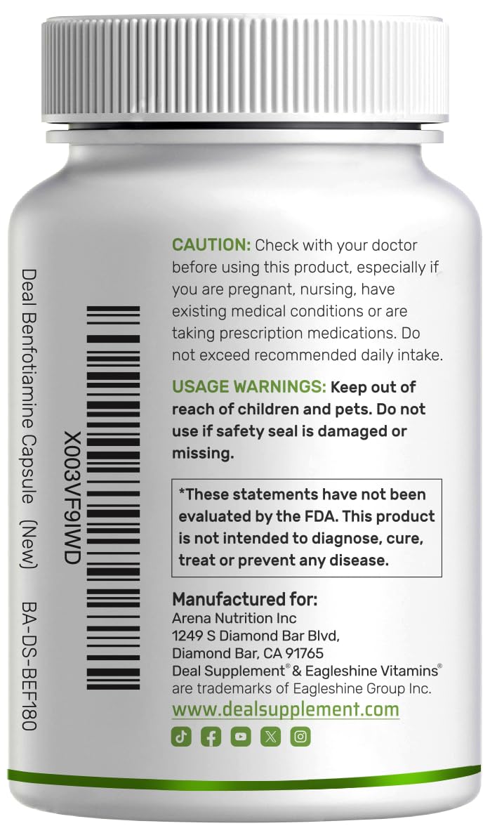 Benfotiamine 600mg Per Serving, 180 Veggie Capsules (300mg Per Cap) – Fat Soluble Vitamin B1 Thiamine Supplement