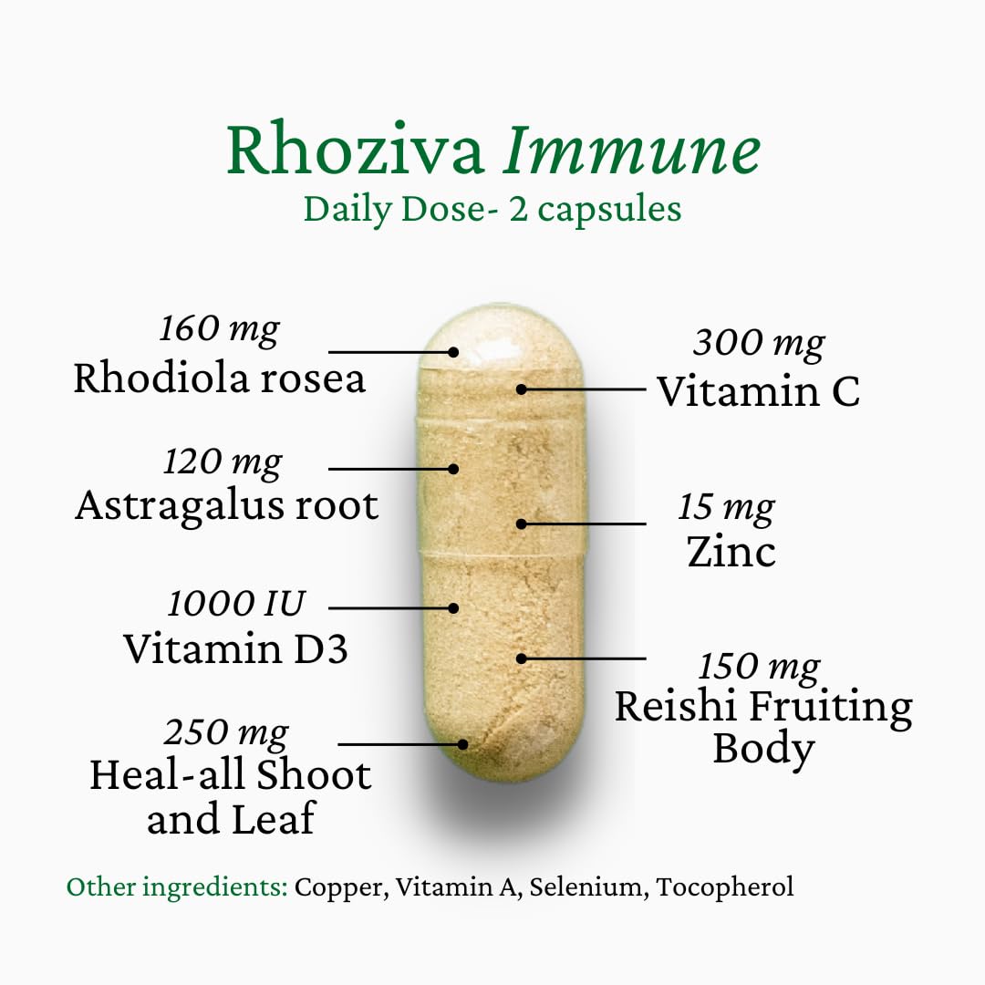 Immune Support, Energy Booster with Vitamin C, D3 and Zinc Supplement, Rhodiola Rosea, Reishi Mushroom Extract, Astragalus, Overall Wellness and Daily Habit - 60 Capsules Rhoziva buy supplements Au
