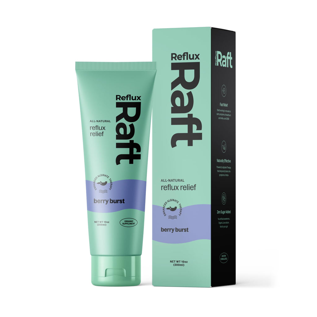 Tube and packaging of Reflux Raft berry burst product on a white background