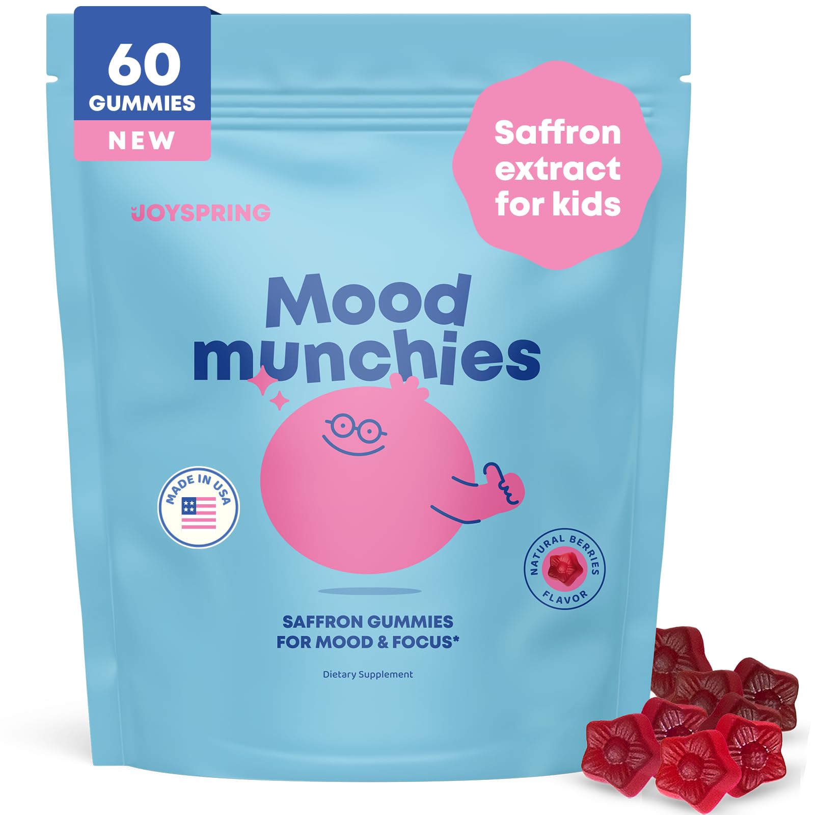 JoySpring Mood Munchies Saffron Gummies for Kids 4+ | Saffron Extract Supplement with GABA, Passion Flower & St Johns Wort | Sugar Free Vegan Brain Support & Kids Focus Gummies | Crafted in USA JoySpringBuy Supplements Australia