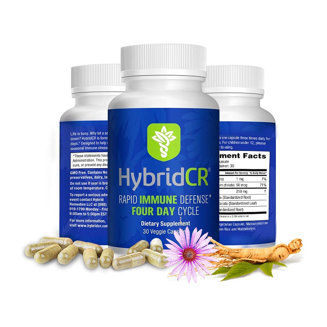 Three bottles of HybridCR Rapid Immune Defense supplement with capsules and a flower on a white background