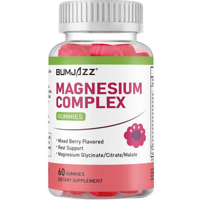 Bottle of BumJazz Magnesium Complex gummies on a white background