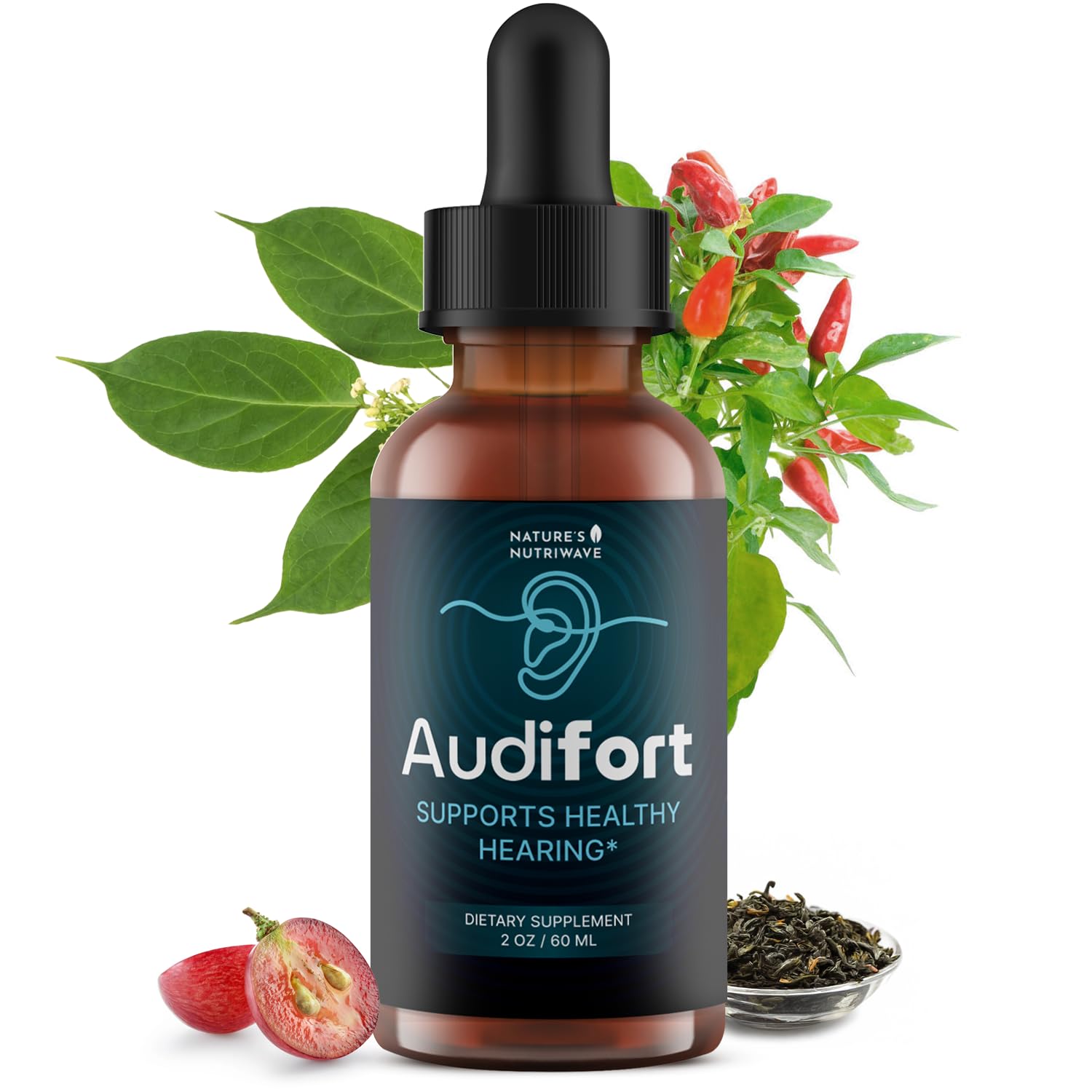 Bottle of Audifort dietary supplement with natural elements on a white background