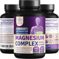 Three bottles of magnesium supplement with labels on a white background