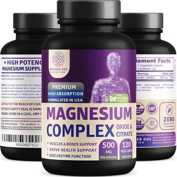 Three bottles of magnesium supplement with labels on a white background