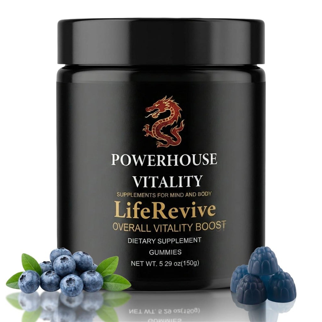 Black supplement jar labeled 'Powerhouse Vitality LifeRevive' with blueberries on a white background