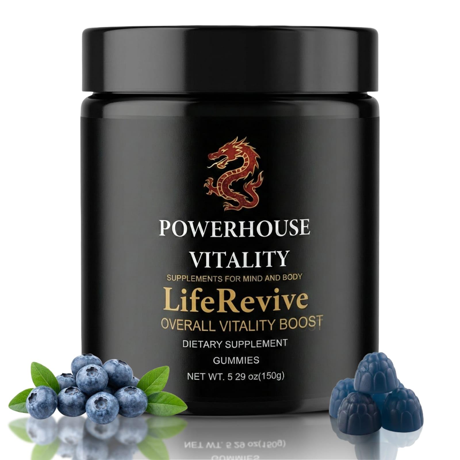 Black supplement jar labeled 'Powerhouse Vitality LifeRevive' with blueberries on a white background