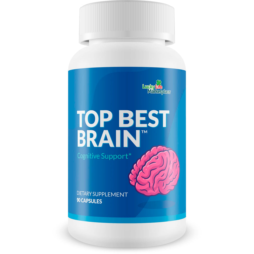 Supplement bottle labeled 'Top Best Brain' on a white background