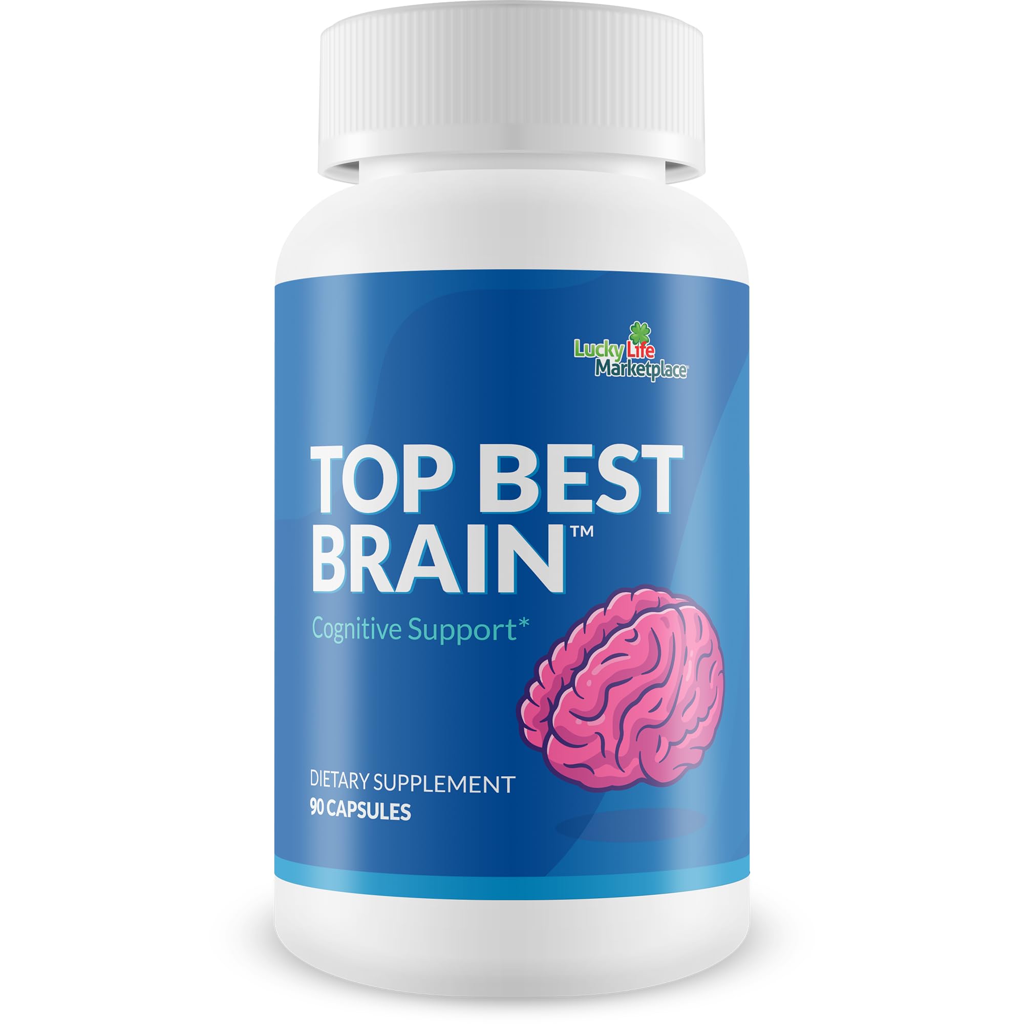 Supplement bottle labeled 'Top Best Brain' on a white background