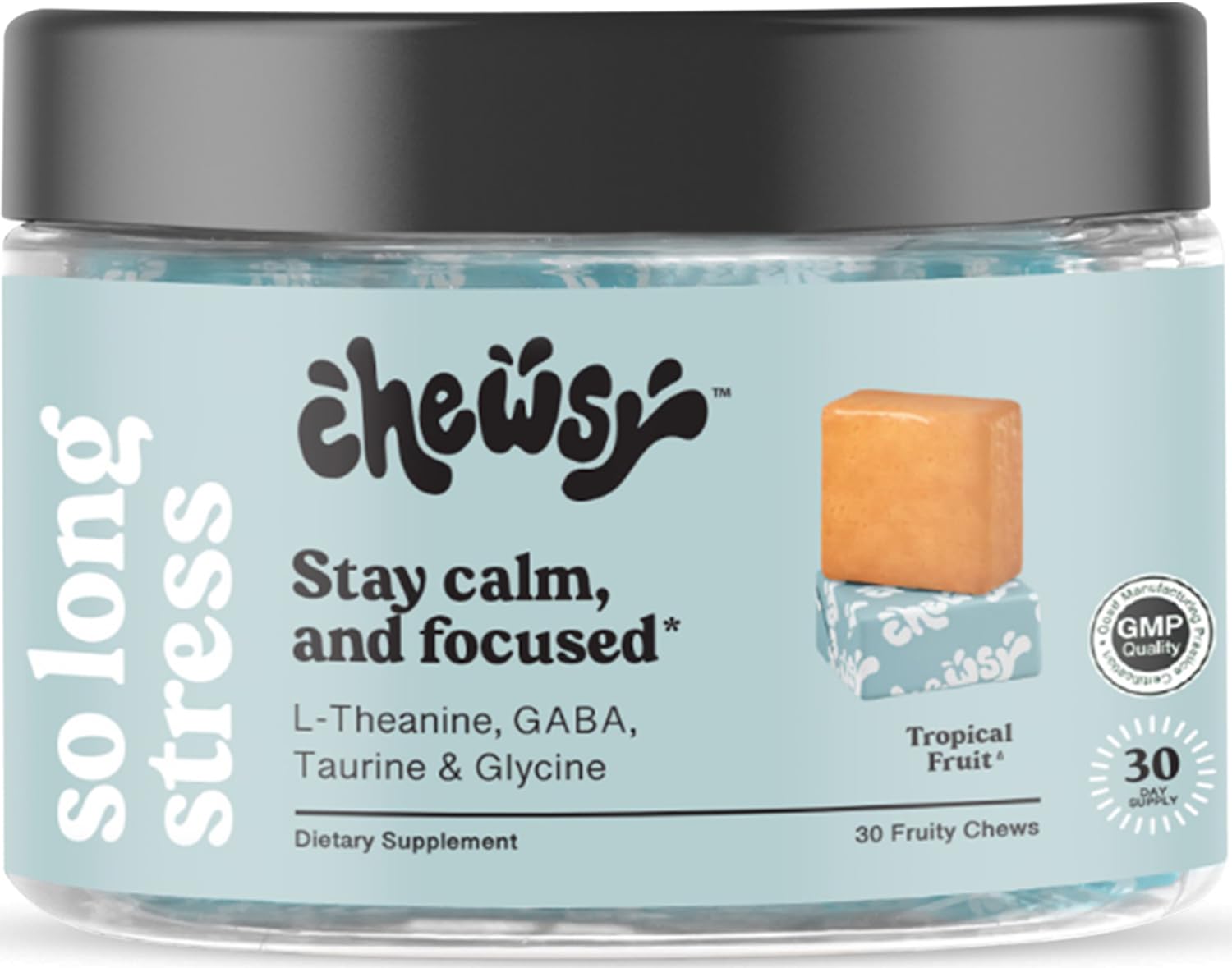 Chewsy So Long Stress, Calm Fruity Chews, Stay Calm & Focused. w/L-theanine, Amino Acid, GABA, Glycine, Tyrosine, Taurine & Magnesium. Non-GMO and Gluten-Free. Tropical Fruity Chews, 30-Day Supply CHEWSYBuy Supplements Australia