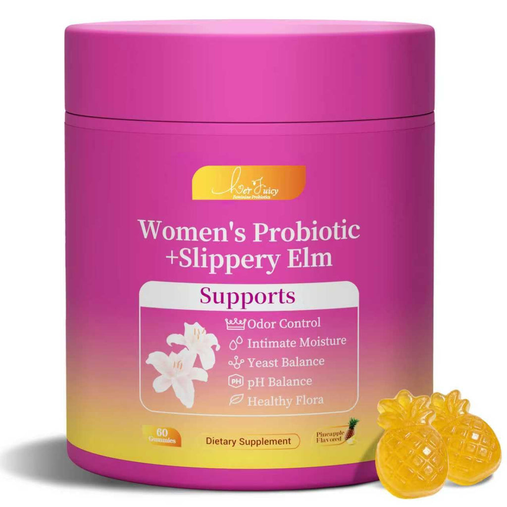 Pink container of women's probiotic with a pineapple-shaped supplement on a white background
