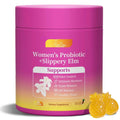 Pink container of women's probiotic with a pineapple-shaped supplement on a white background