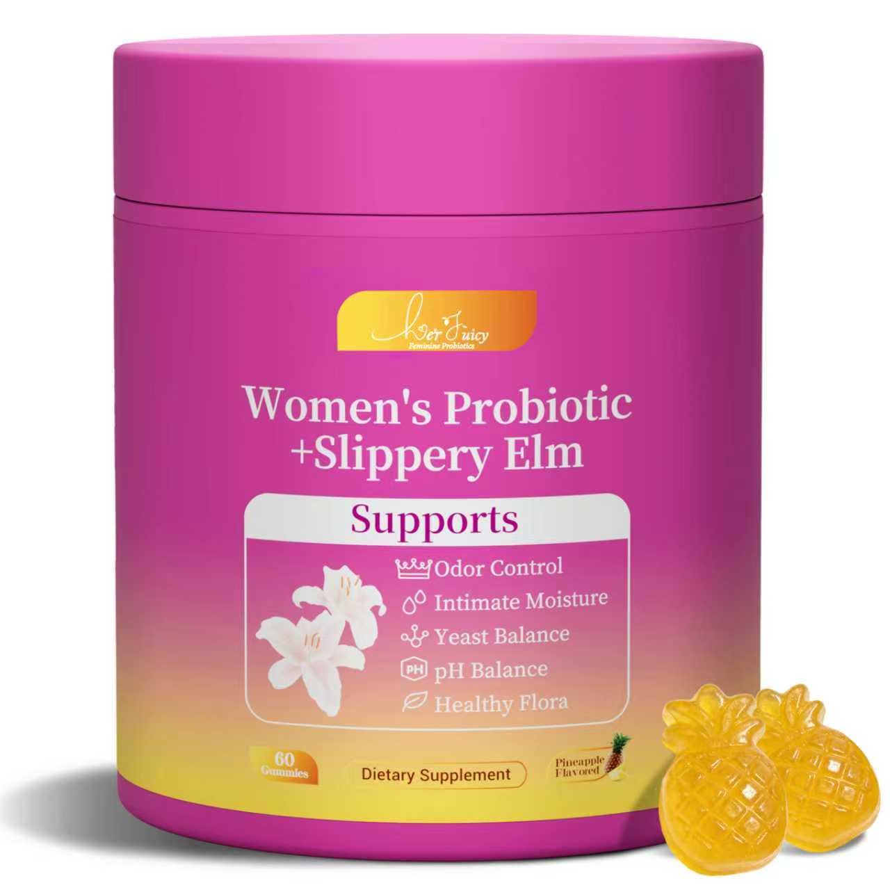 Pink container of women's probiotic with a pineapple-shaped supplement on a white background