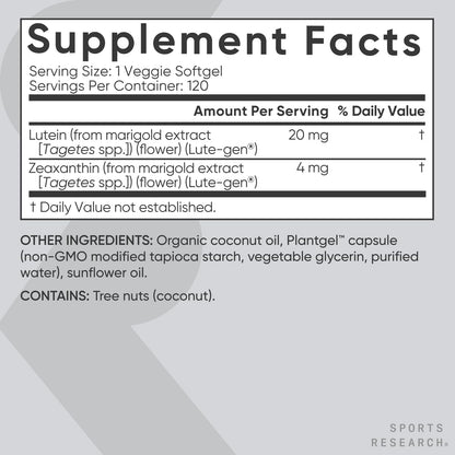 Sports Research® Lutein and Zeaxanthin Capsules - Eye Health Support Supplement Made with Lute-Gen® and Organic Coconut Oil - Vegan Friendly & Non-GMO Verified - 120 Veggie Softgels Sports Research buy supplements Au