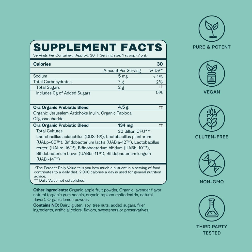 Ora Organic Prebiotic and Probiotic Powder Supplement - 20 Billion Probiotics, 7 Strains for Best Prebiotic Powder, Non-GMO, Probiotics for Women, Men & Kids - Lavender Lemonade Flavor, 30 Servings Ora Organic buy supplements Au