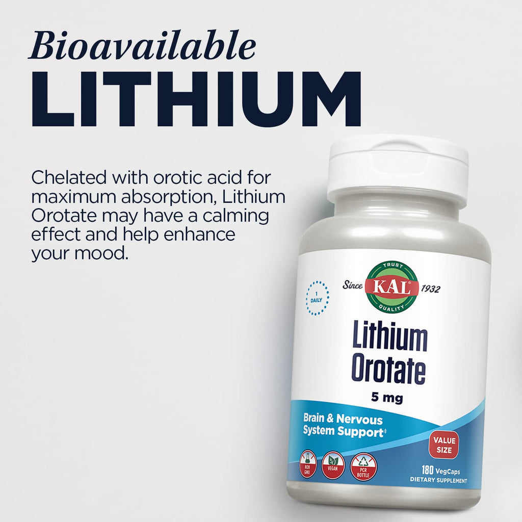 KAL Lithium Orotate 5mg, Low Dose Lithium Supplement for General Wellness Mood Support, Highly Bioavailable, Vegan, 60-Day Guarantee,