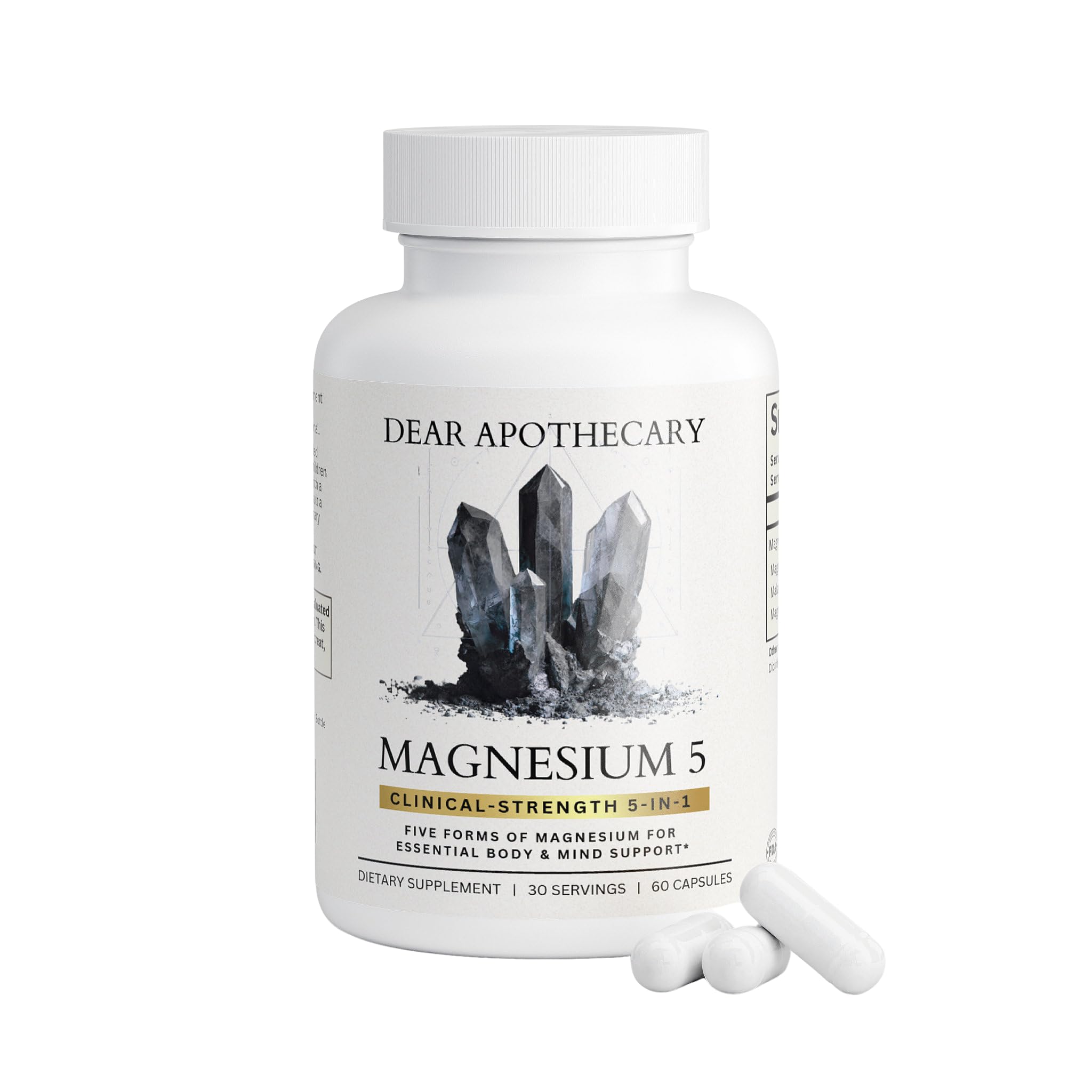 Supplement bottle labeled 'Dear Apothecary Magnesium 5' on a white background