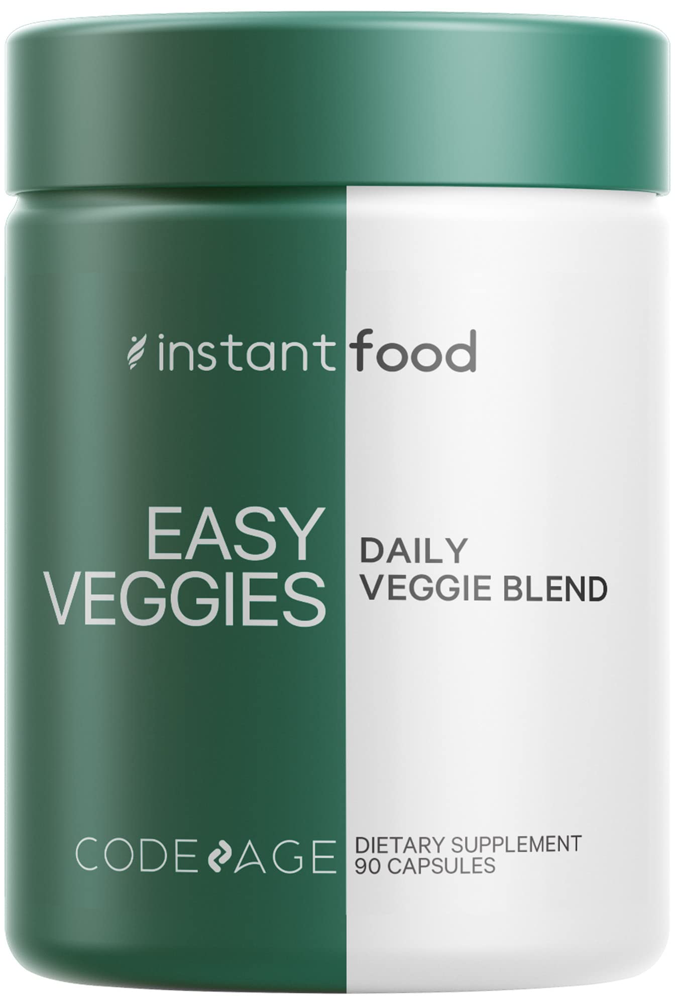 Dietary supplement container labeled 'Easy Veggies Daily Veggie Blend' by Instant Food on a white background.