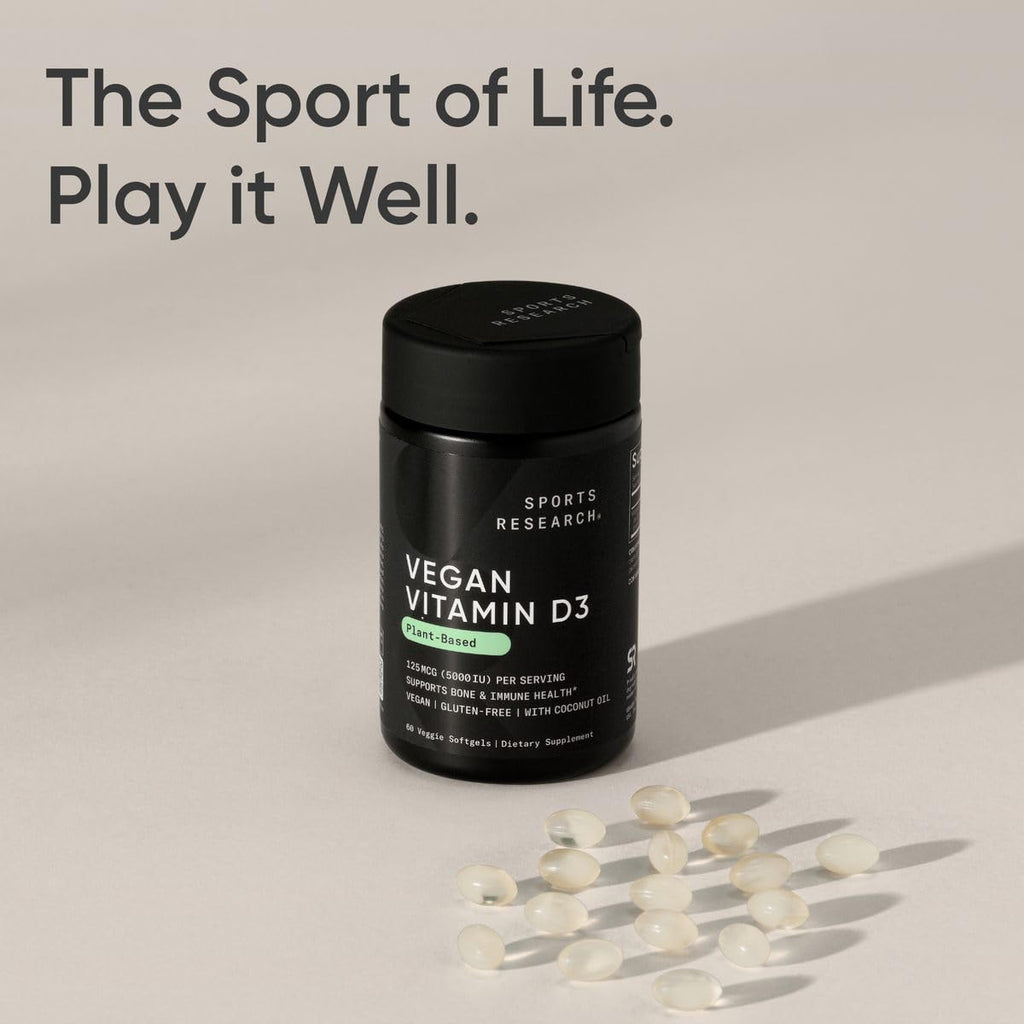 Sports Research Vegan Vitamin D3 5000IU (125 mcg) with Coconut Oil | 100% Plant-Based Vitamin D for Bone, Joint & Immune Support | Carrageenan Free, Vegan Certified & Non-GMO Verified (60 Softgels) Sports Research buy supplements Au