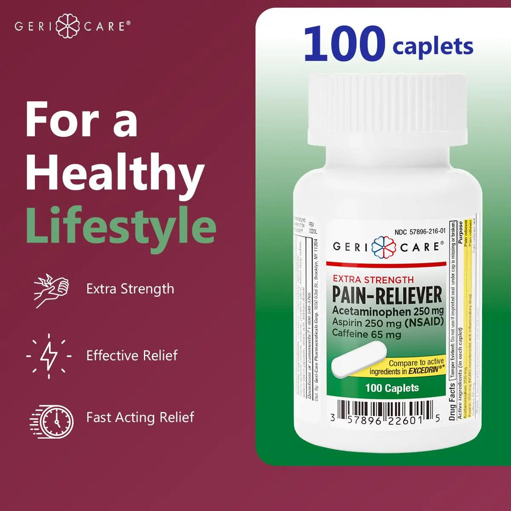 GeriCare Pain Reliever Extra Strength Caplets – 100 Count – Acetaminophen 250mg, Aspirin 250mg (NSAID), Caffeine 65mg – Powerful Triple-Action Formula for Headaches, Migraines & Minor Aches (2 Pack) GeriCareBuy Supplements Australia