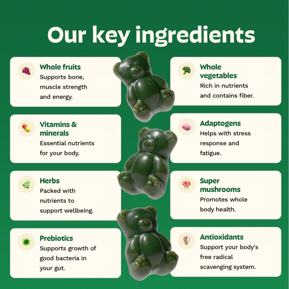 Gruns Adult Super Greens Multivitamin Gummies, Superfood Gummy Vitamins for Women and Men with Spirulina, Chlorella, Adaptogens & Prebiotic Fiber for Digestive Health (28 Count) GrünsBuy Supplements Australia